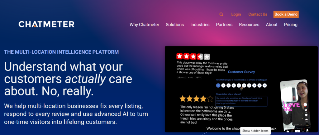 The image shows Chatmeter homepage for review management, listings accuracy, social monitoring, and brand intelligence