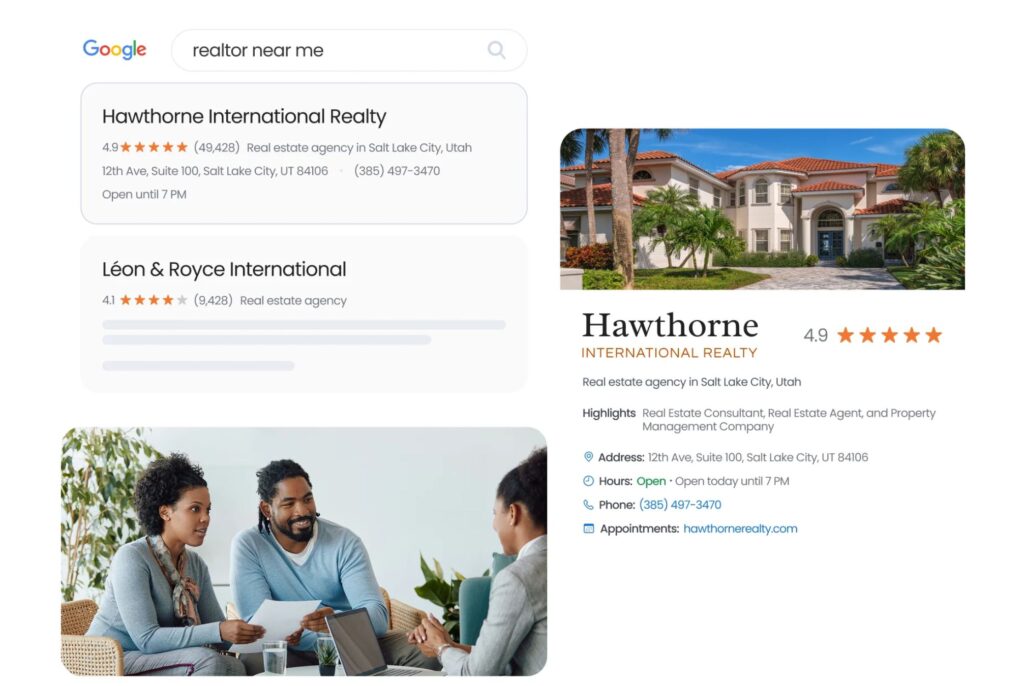 The image shows Google search results where a highly rated real estate agency, Hawthorne International Realty, appears prominently with detailed business information and photos.