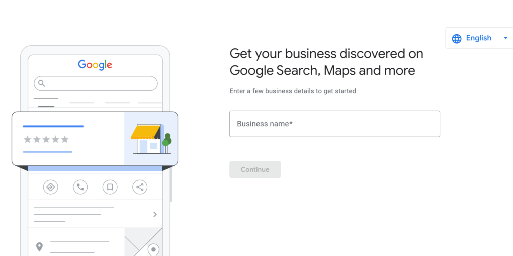 The image shows Google’s Business Profile UK setup screen inviting users to add their business name so it can appear on Search, Maps, and more