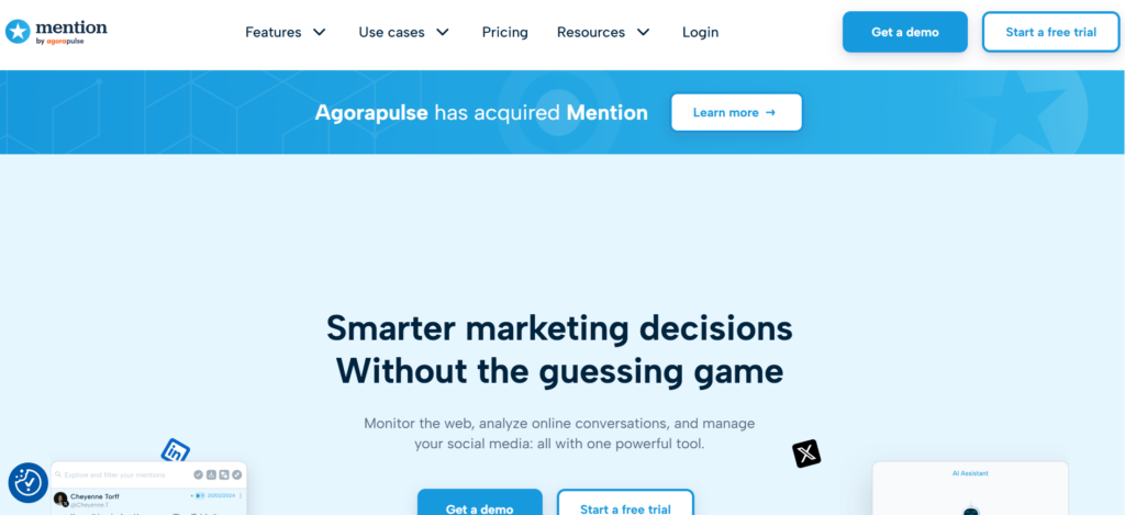 The image shows Mention’s homepage announcing its acquisition by Agorapulse and promoting “smarter marketing decisions without the guessing game.