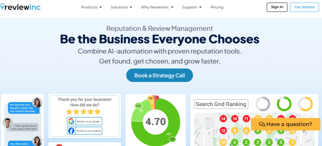 The image shows ReviewInc’s homepage promoting its AI‑powered reputation and review management platform with a call to “Be the business everyone chooses.”