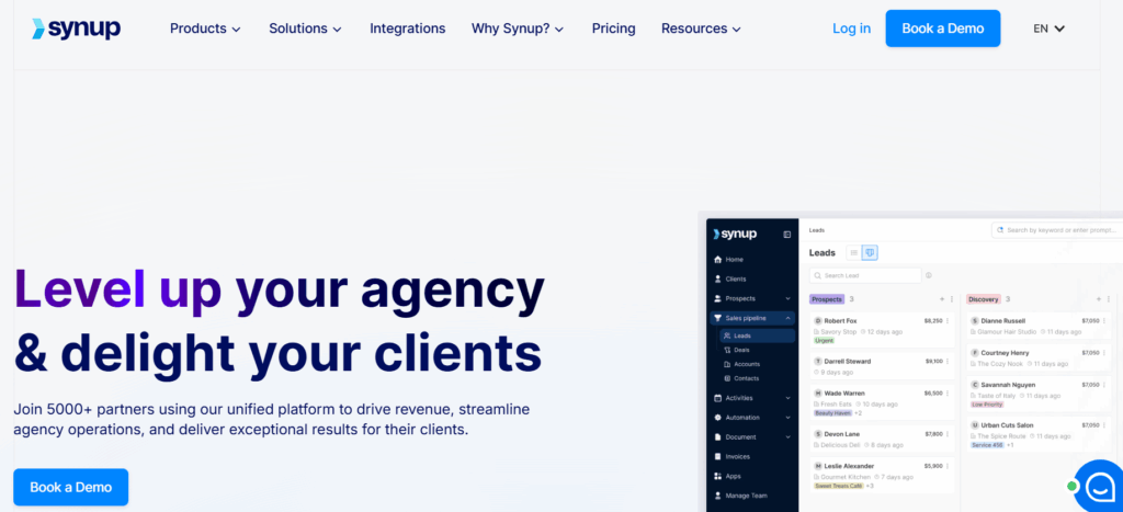 The image shows Synup’s homepage with the headline “Level up your agency & delight your clients” and a call-to-action to book a demo