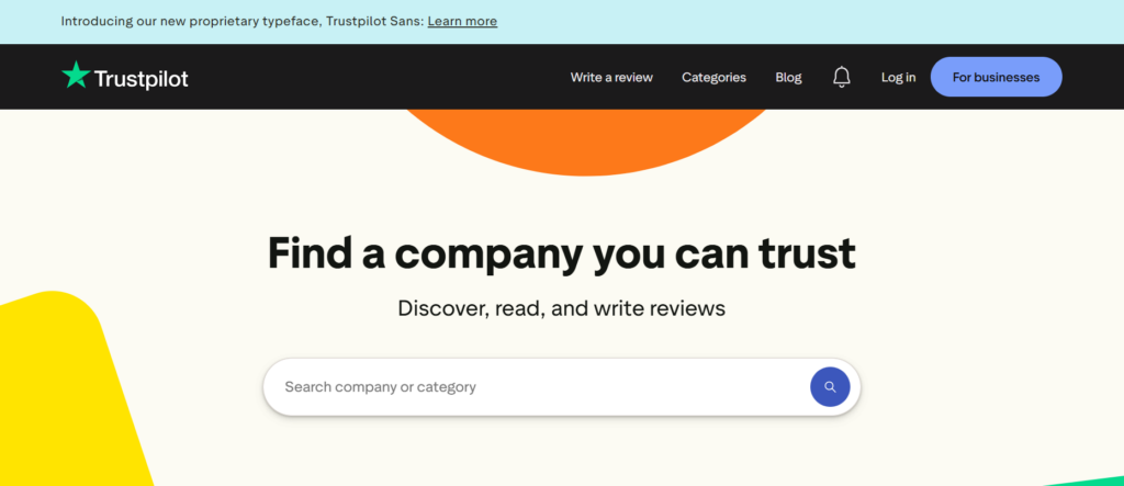 The image shows Trustpilot’s homepage with the headline “Find a company you can trust” and a search bar to discover and review