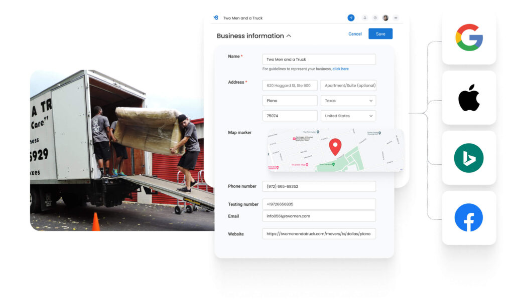 The image shows Two Men and a Truck updating its location details in a central dashboard
