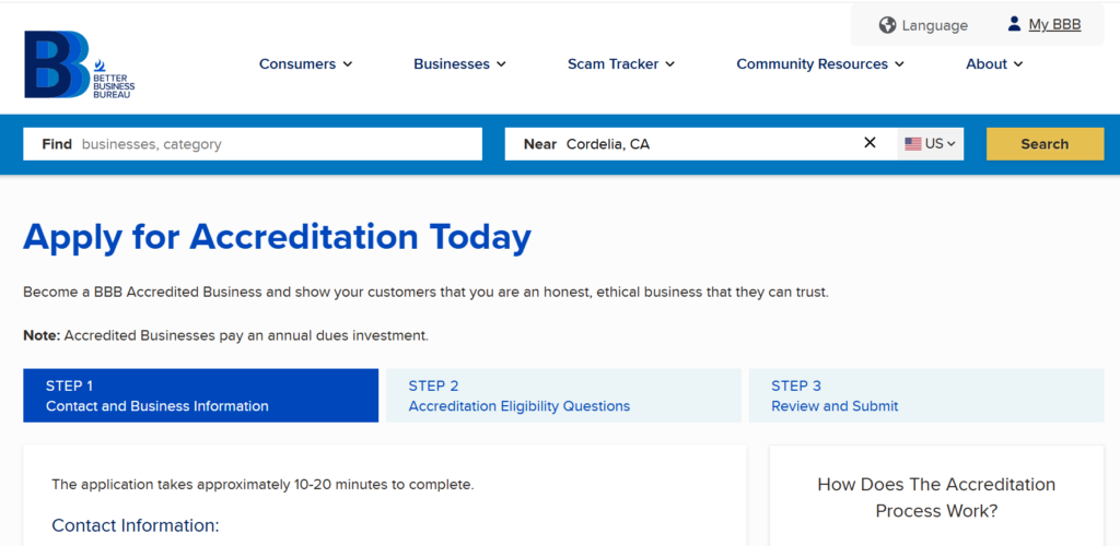 The image shows a Better Business Bureau webpage inviting businesses to apply for BBB accreditation and outlining the three-step application process