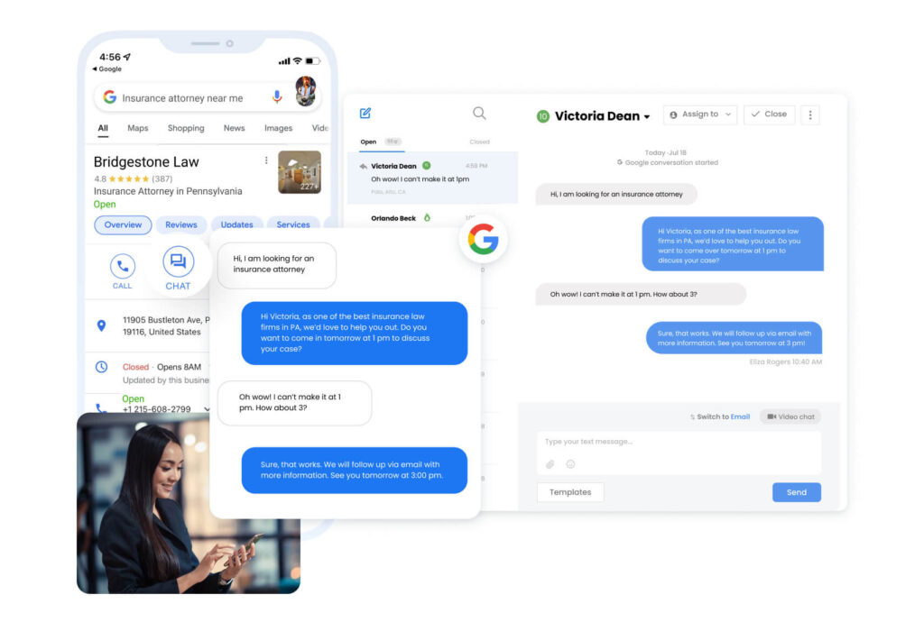 The image shows a Google Business Profile for a law firm alongside a unified messaging inbox where a client chats with the firm
