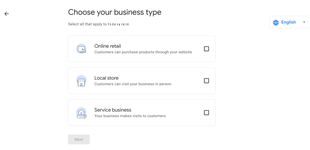 The image shows a Google Business Profile setup screen where you choose your business type online retail, local store, or service business.