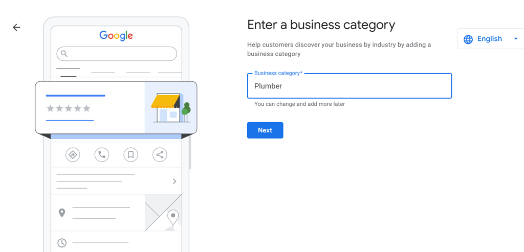 The image shows a Google Business Profile step where you enter your business category (here, “Plumber”) to help customers discover you by industry.