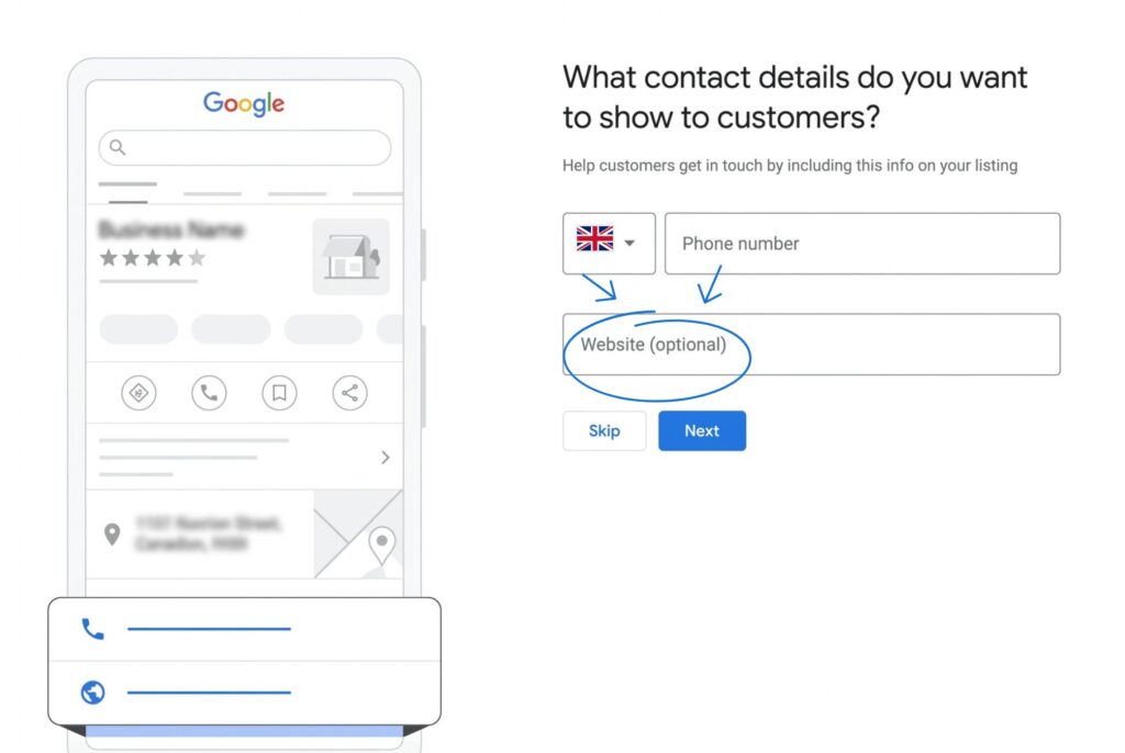 The image shows a Google-style contact details screen where you can add both a UK phone number and an optional website for your brand.