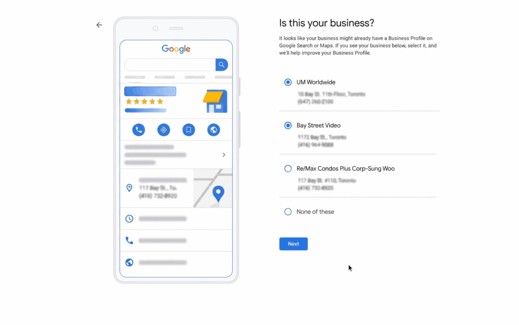 The image shows a Google-style screen asking -Is this your business, with a mobile business listing preview and a list of matching business options.