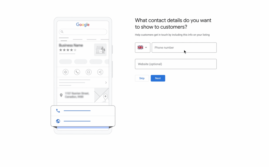 The image shows a Google-style screen asking what contact details (phone and website) you want to display on your business listing.