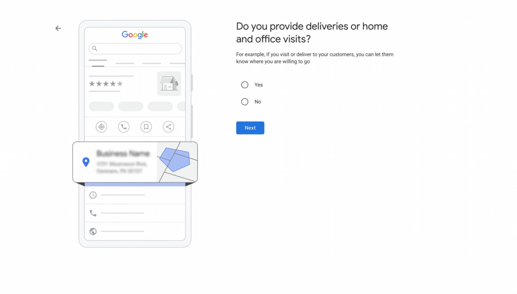 The image shows a Google-style screen asking whether your business provides deliveries or home and office visits, with Yes-No options.