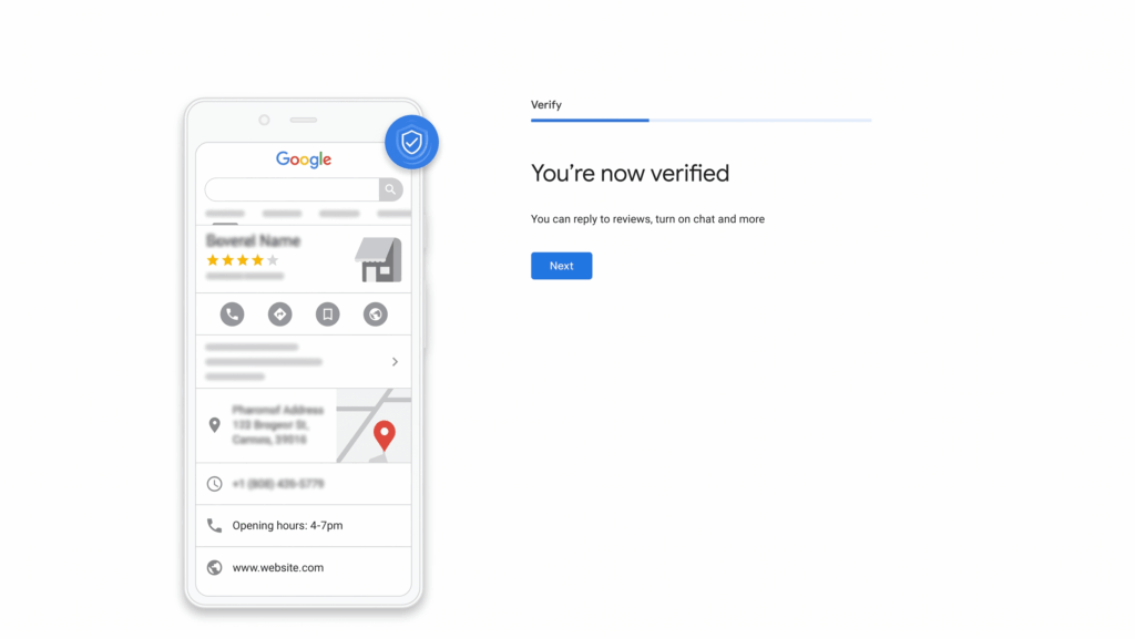 The image shows a Google-style screen confirming a business is now verified, with a verified badge on the listing and a “You’re now verified” message.