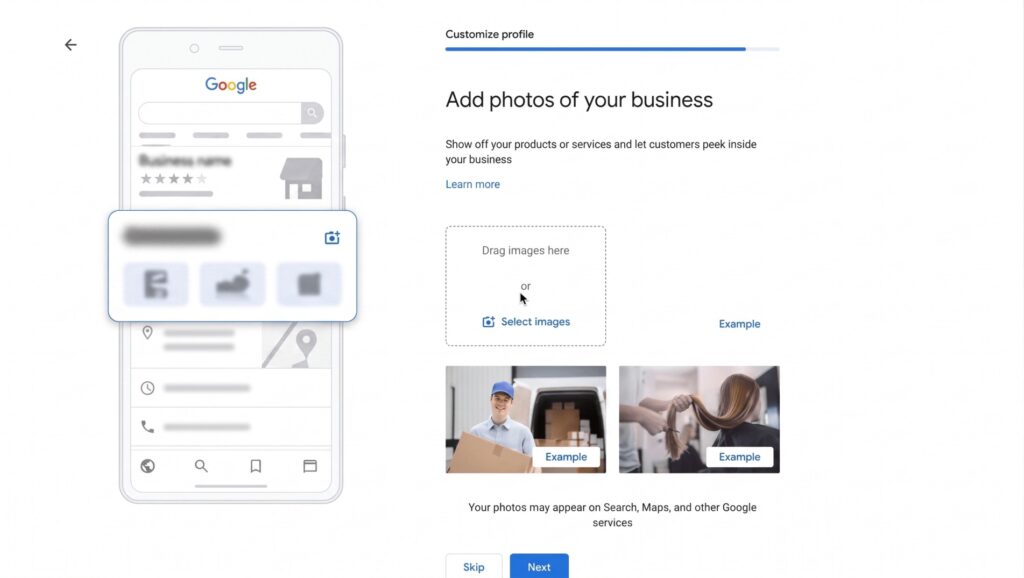 The image shows a Google-style screen prompting you to add photos of your business by dragging or selecting images to customize your profile.