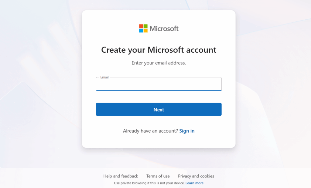 The image shows a Microsoft sign‑up page prompting the user to enter an email address to create a new Microsoft account