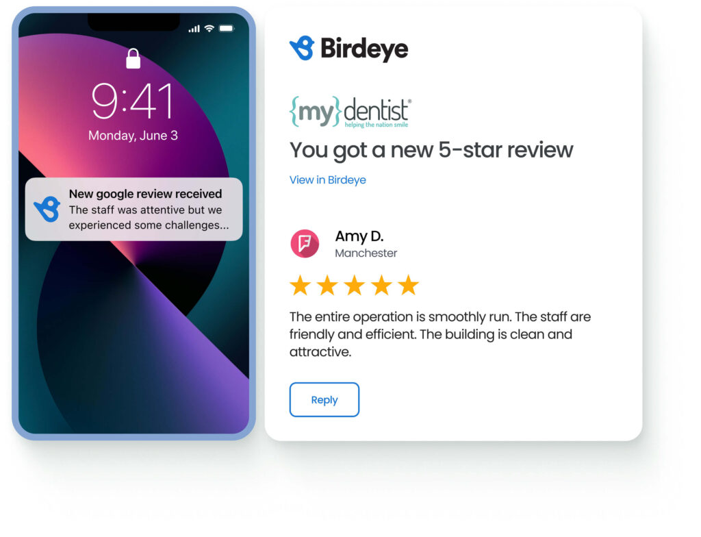  The image shows a phone alerting a business to a new Google review alongside a Birdeye dashboard displaying a detailed 5‑star patient review for a dental practice