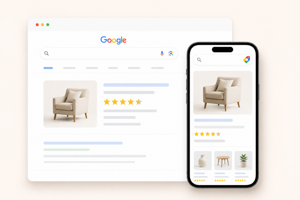 The image shows a product listing for a beige armchair with star ratings displayed in Google search results -Google customer reviews
