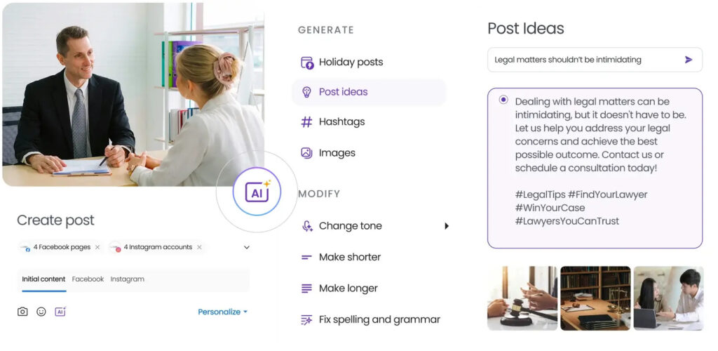 The image shows an AI-powered social media composer for a law firm, generating post ideas, hashtags, and suggested copy