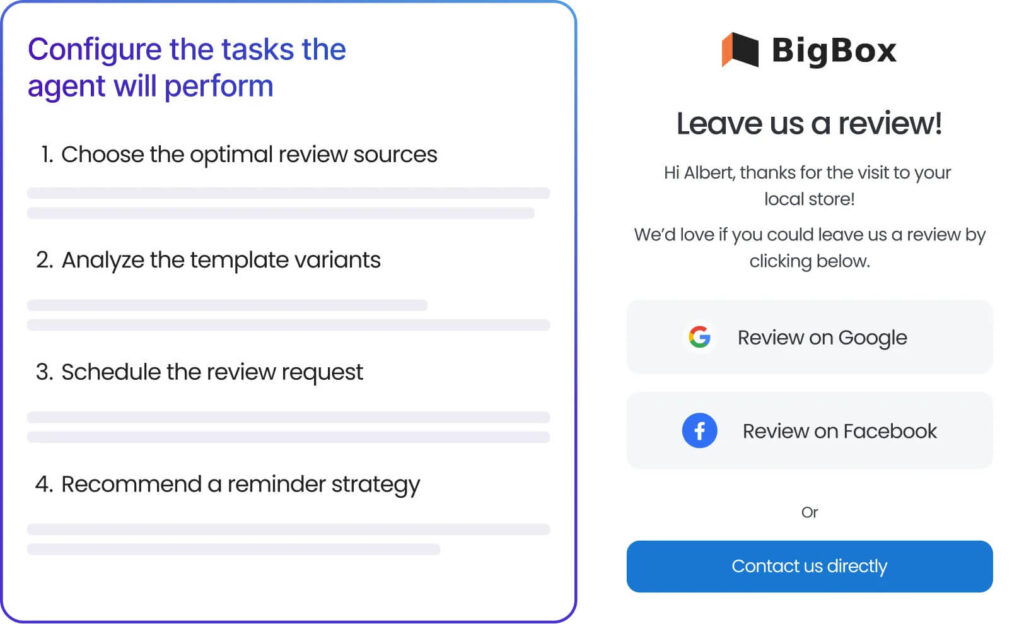 The image shows Birdeye Review Generation workflow on the left and a “BigBox” email on the right asking a customer to leave a Google or Facebook review, with an option to contact the business directly.
