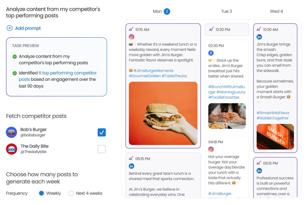 The image shows the Birdeye Social Publishing Agent dashboard analyzing competitors’ top-performing posts and auto-generating a weekly social content calendar.