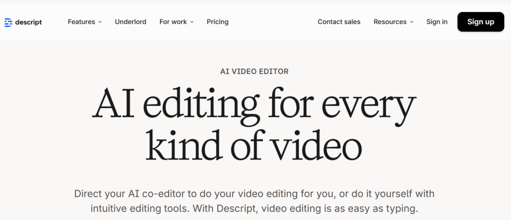 The image shows the Descript homepage