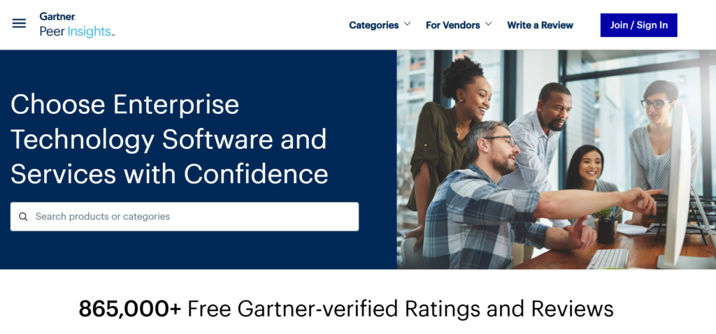 The image shows the Gartner Peer Insights homepage
