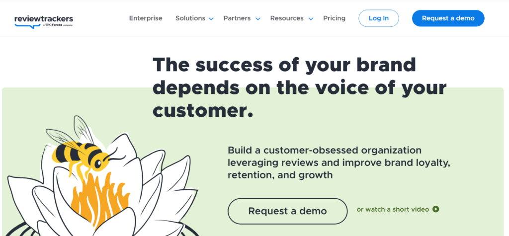 This image displays ReviewTrackers homepage for review management, competitor analysis, and local search monitoring across locations