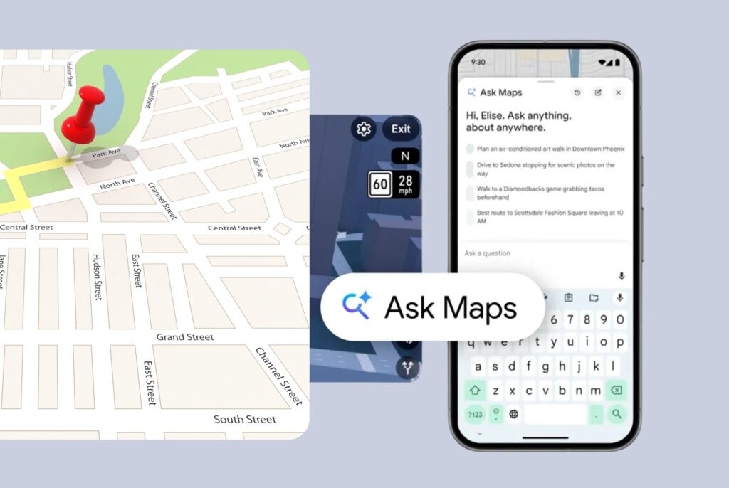 This image highlights Google's new AI feature update- Ask Maps 2026, a new conversational experience that answers questions
