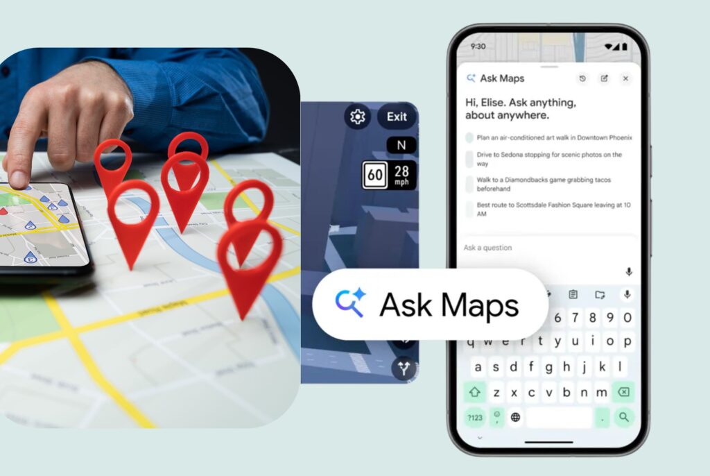 This image highlights Google's new AI feature update-Ask Maps, a new conversational experience that answers questions