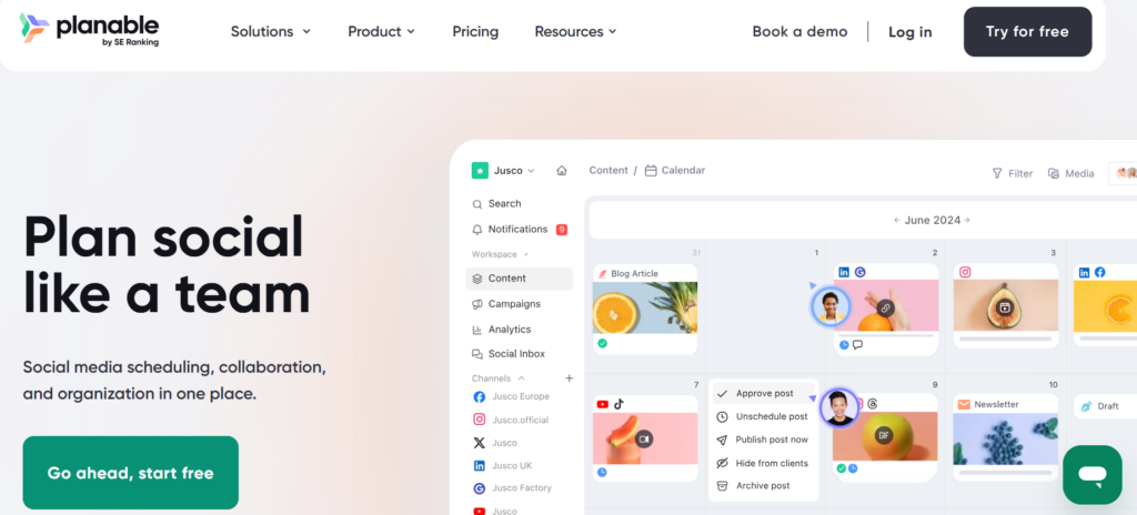 This image is Planable homepage banner promoting team-based social media planning, showing a calendar-style content scheduler interface.