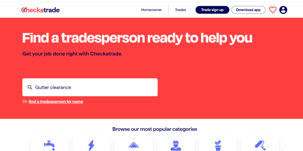 This image showcases Checkatrade homepage banner, invites users to “Find a tradesperson ready to help you” with a search bar for services like gutter clearance