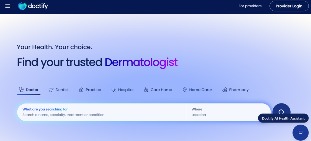 This image showcases Doctify landing page, invites users to “Find your trusted Dermatologist” with a search bar for doctors and other healthcare providers.
