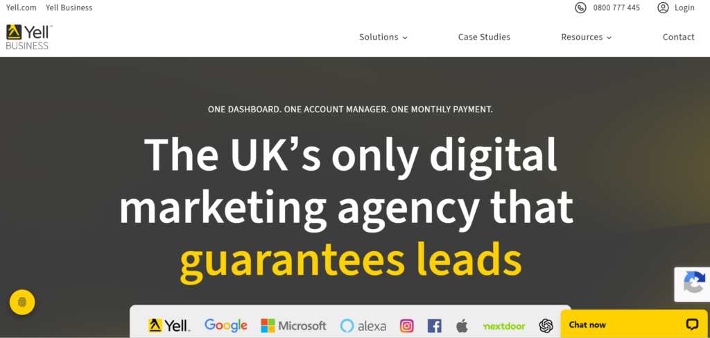 This image showcases Yell Business homepage banner promoting itself as “The UK’s only digital marketing agency that guarantees leads