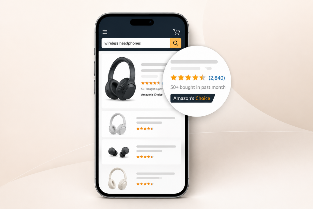 This image shows Amazon search results for wireless headphones, highlighting star ratings, Amazon review counts