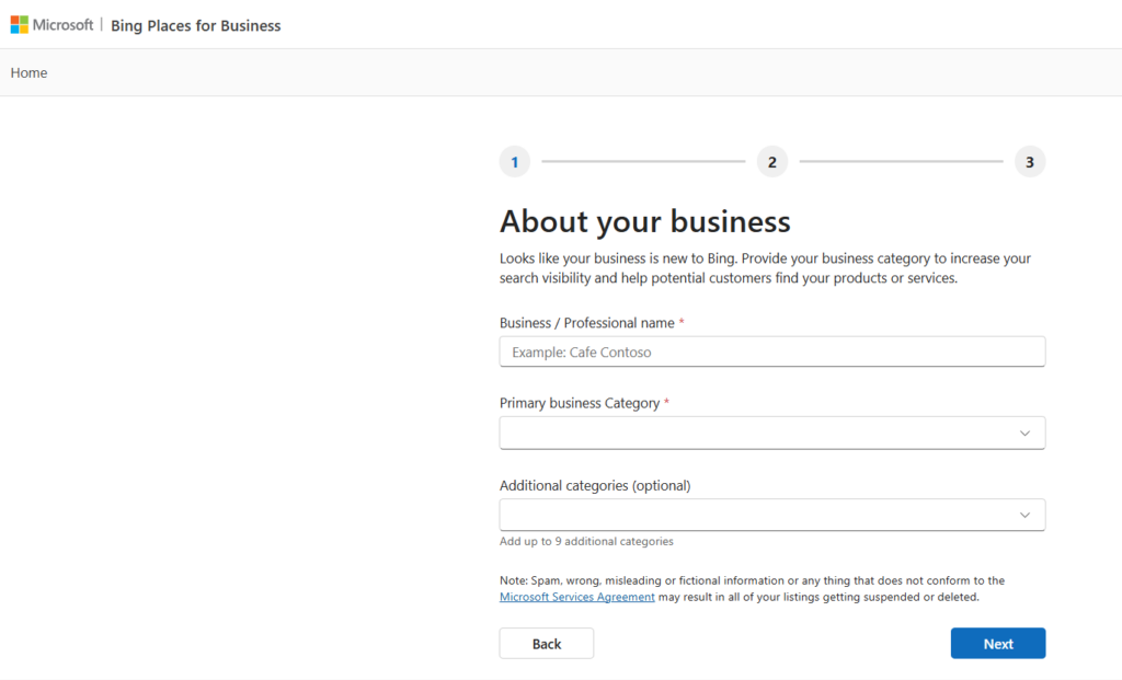 This image shows Bing Places for Business “About your business” screen where you enter your business name and select primary and additional categories