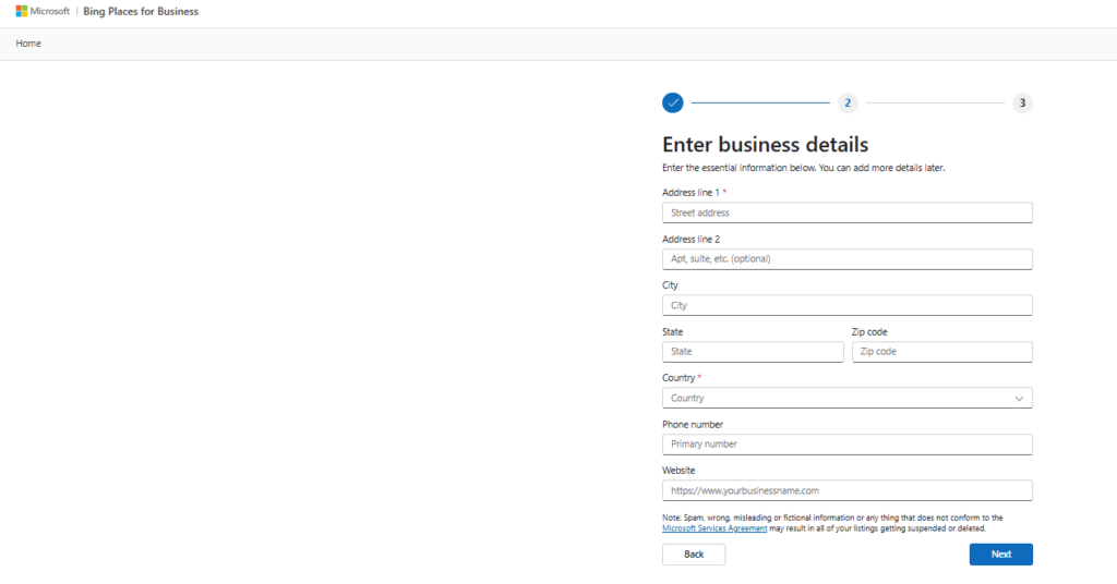 This image shows Bing Places for Business “Enter business details” screen where you fill in address, phone number, and website information for your listing.