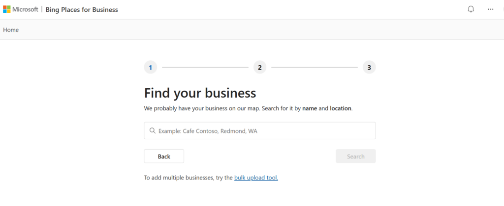 This image shows Bing Places for Business screen prompting users to “Find your business” by searching for its name and location as step 2 of the listing setup.