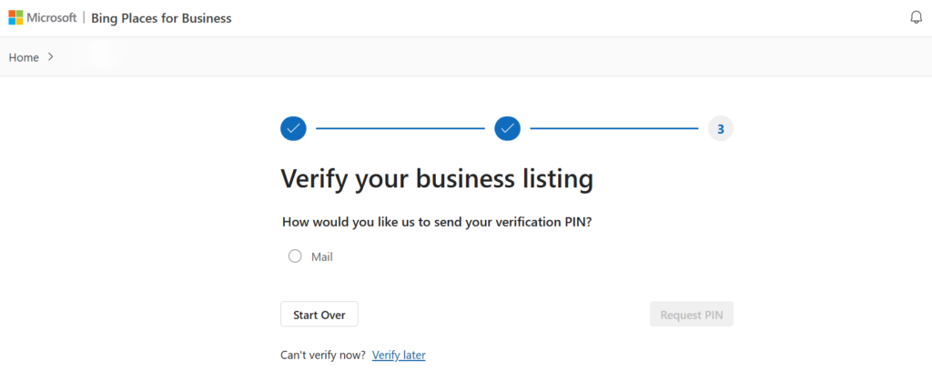 This image shows Bing Places for Business screen showing step 5, where you choose to verify your business listing.