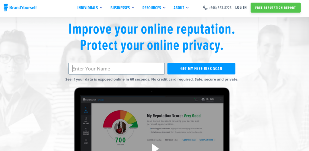 This image shows BrandYourself homepage inviting users to “Improve your online reputation