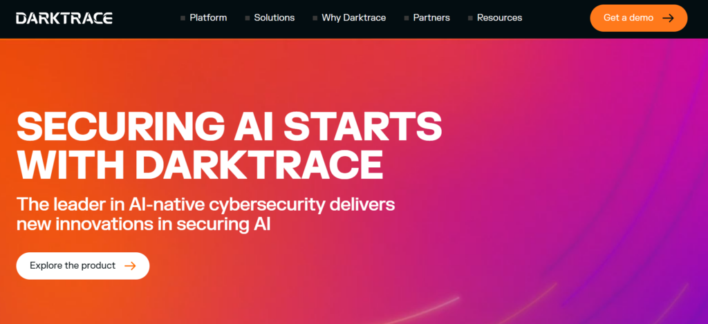 This image shows Darktrace website with the headline “Securing AI starts with Darktrace” over a bold orange‑to‑pink gradient and a call‑to‑action to explore the AI‑native cybersecurity product.