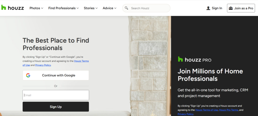 This image shows Houzz landing page invites users to sign up or join as a pro, promoting the platform as “The Best Place to Find Professionals” and “Join Millions of Home Professionals.”