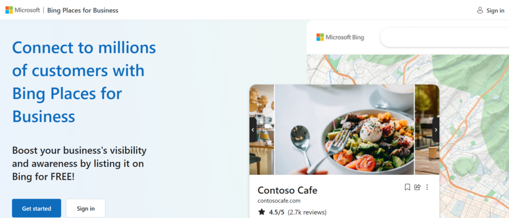This image shows Microsoft Bing Places for Business landing page inviting users to “Connect to millions of customers” with a sample Contoso Cafe listing card.