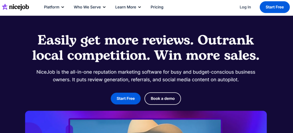 This image shows NiceJob’s homepage promoting all‑in‑one reputation marketing software to win more reviews, outrank local rivals, and boost sales