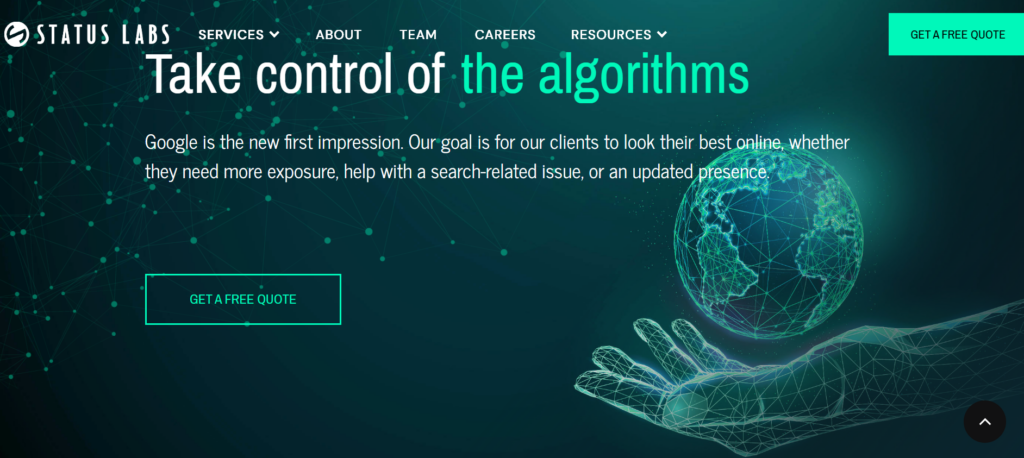 This image shows Status Labs homepage with the headline “Take control of the algorithms” and a wireframe hand holding a glowing digital globe.