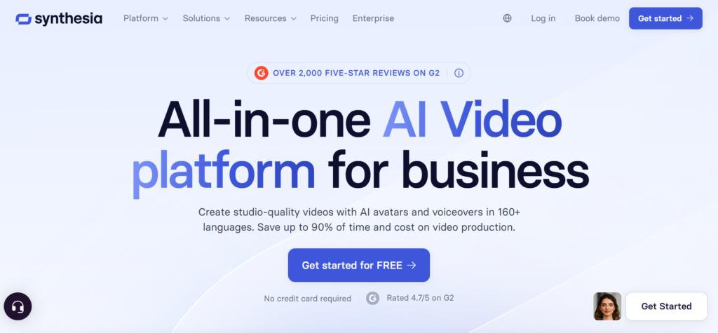 This image shows Synthesia homepage promoting an “All‑in‑one AI video platform for business” with a bold headline, G2 rating badge, and “Get started for FREE” call‑to‑action.