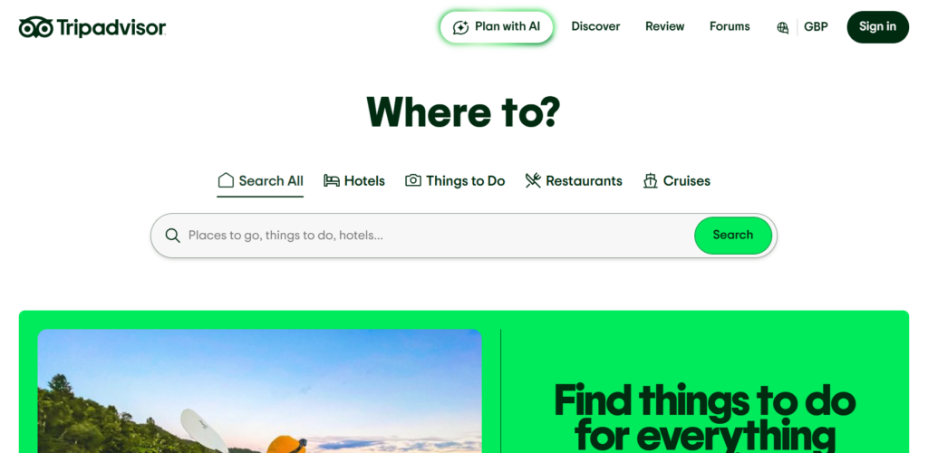 This image shows Tripadvisor homepage screen asks-Where to and lets users search AI‑assisted recommendations for hotels, things to do, restaurants, and cruises