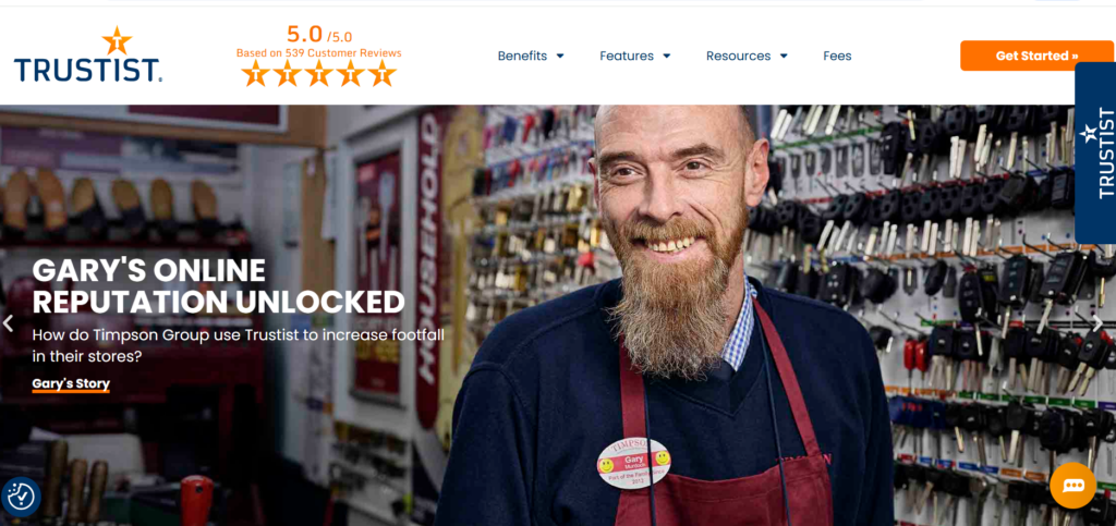 This image shows Trustist website showing a locksmith-style shop owner with the headline “Gary’s online reputation unlocked” and navigation promoting benefits, features, and a 5‑star rating
