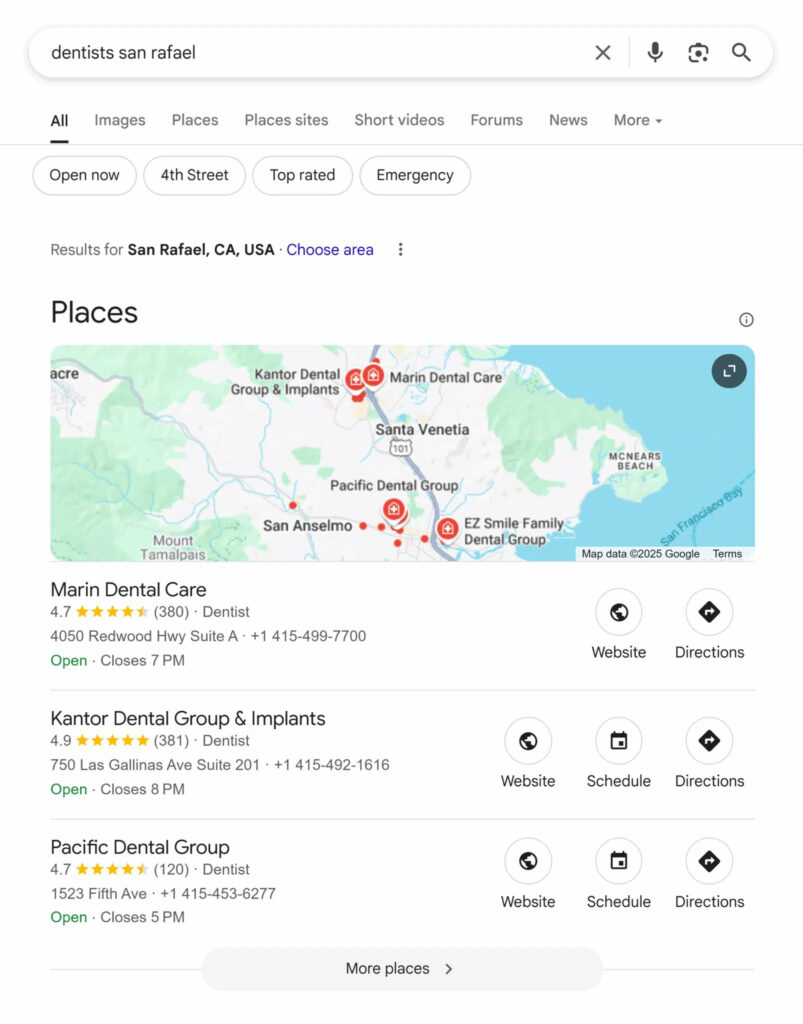 This image shows a SERP screenshot of the Google Local Pack google-serp-dentists-san-rafae