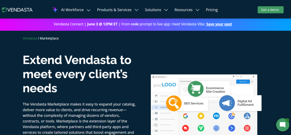 This image shows a Vendasta Marketplace banner promoting extending the Vendasta platform with third‑party services like SEO, ecommerce site creation, and digital ad fulfillment.
