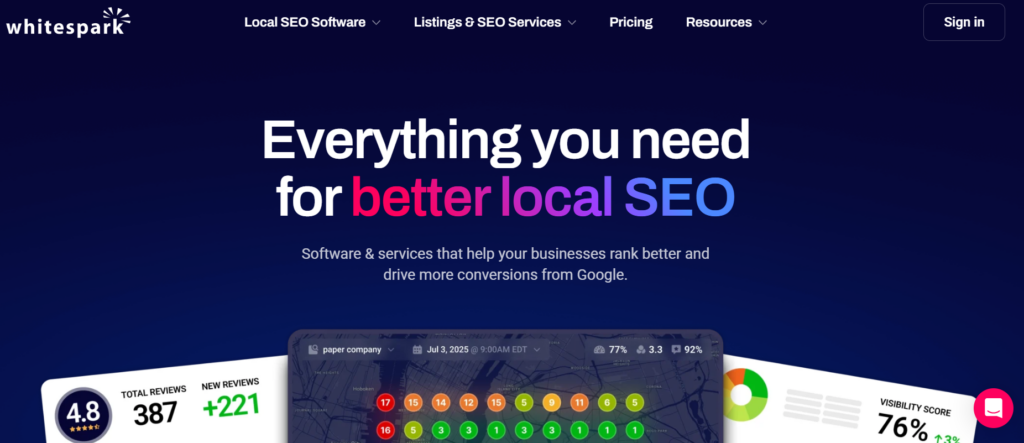 This image shows a Whitespark homepage banner advertising “everything you need for better local SEO” with local SEO software navigation and reviewvisibility score widgets